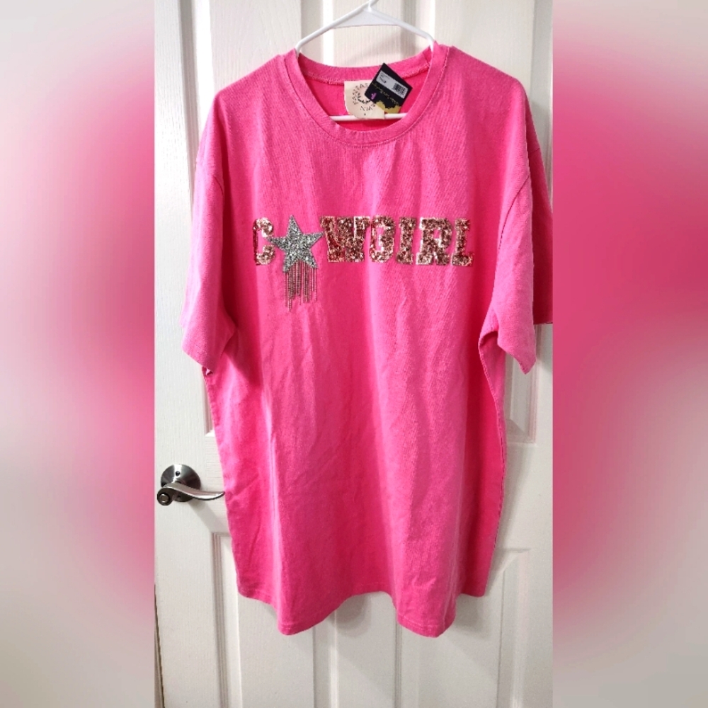 Pink Graphic T-Shirt with Sequin Star, COWGIRL